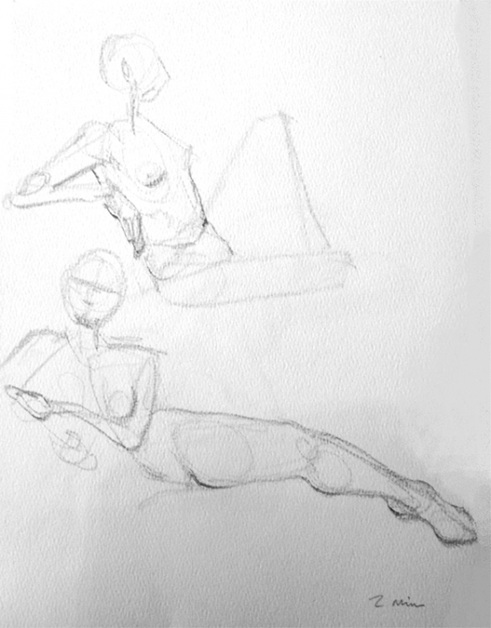 Two Females Reclining 2 Min. Study, Graphite/Charcoal